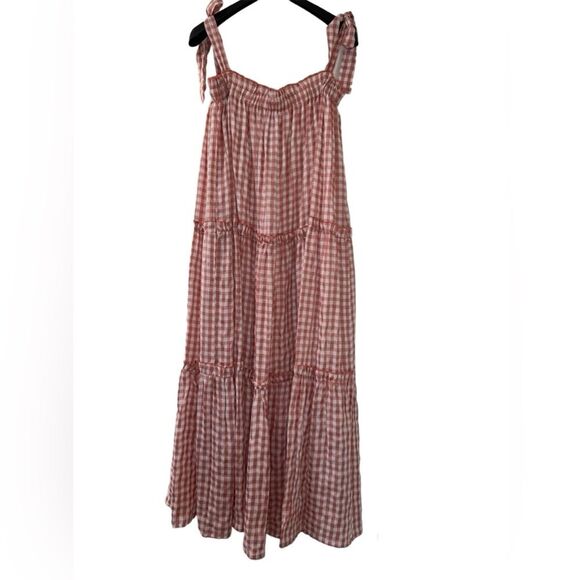 &Merci Gingham Tiered Maxi Dress Adjustable Tie Strap Lined pink/peach Medium - Picture 1 of 9